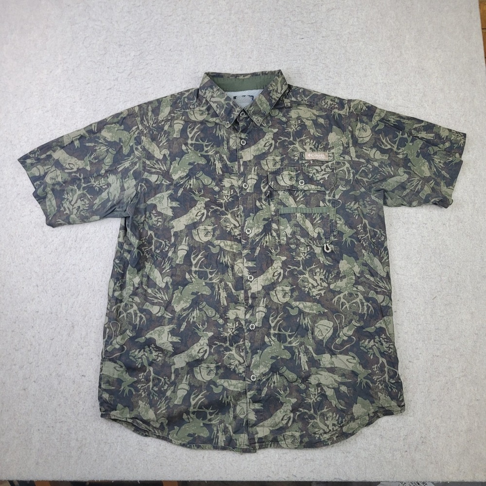 Columbia PHG Mens Large Green Deer Antler Camo Vented Short Sleeve Shirt HM0025